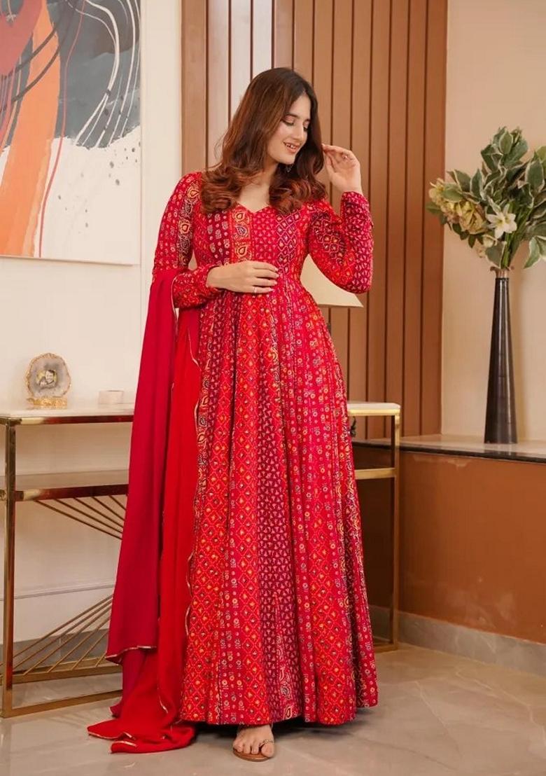 Red Printed Georgette Anarkali Set
