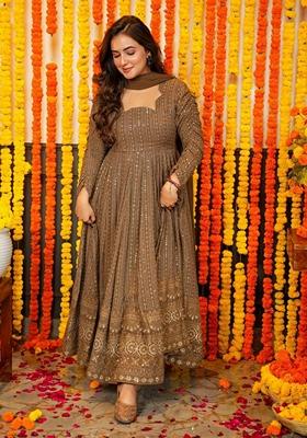 Brown Printed Georgette Anarkali Set