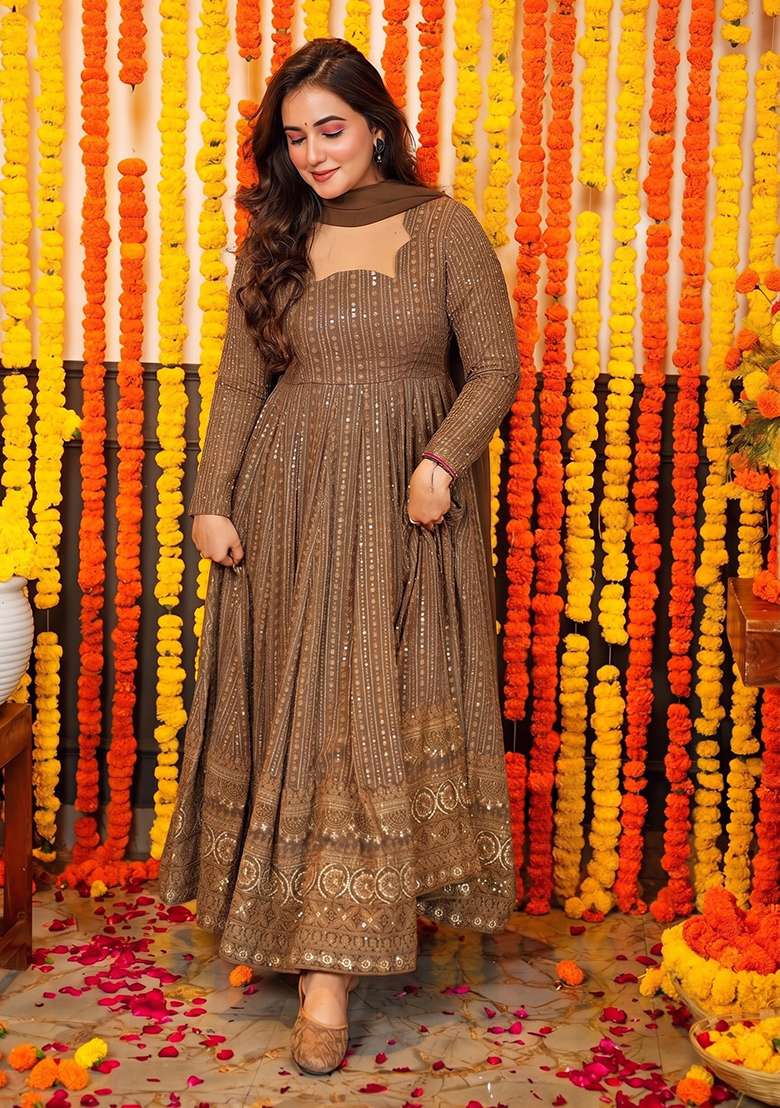 Brown Printed Georgette Anarkali Set - Indya