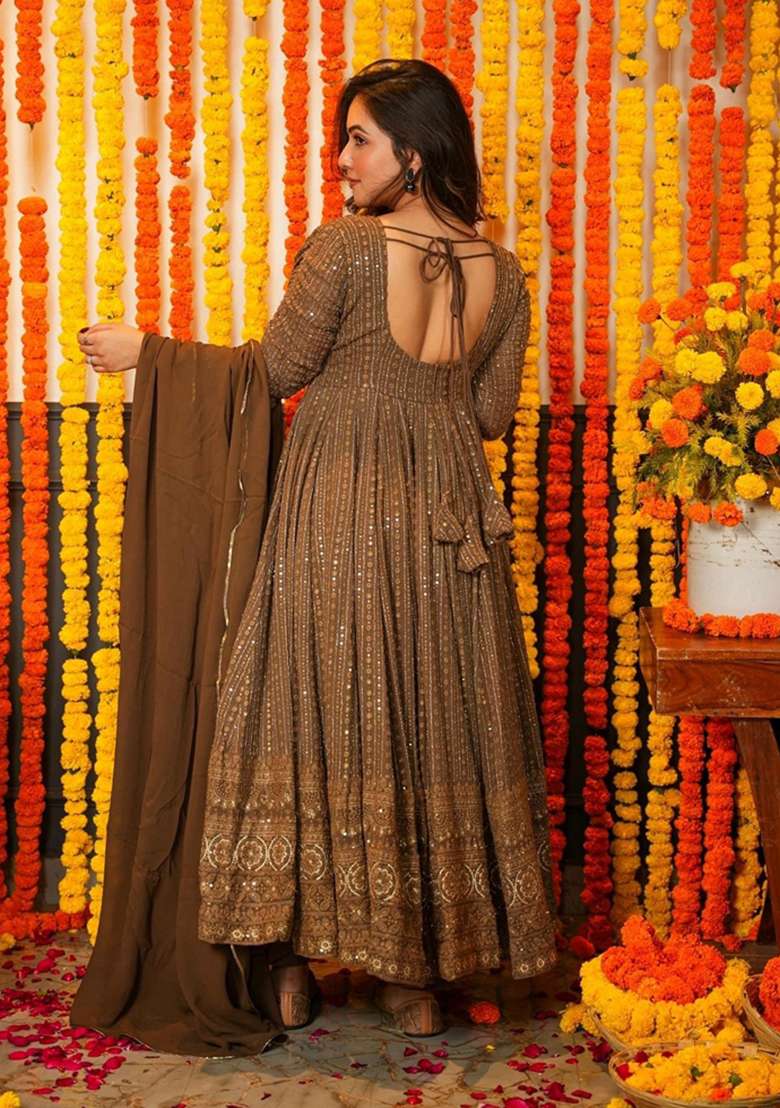 Brown Printed Georgette Anarkali Set - Indya