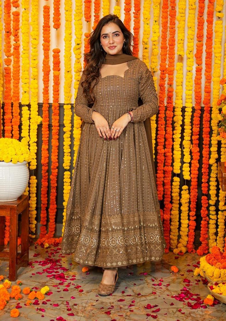 Brown Embroidered Georgette Anarkali Set