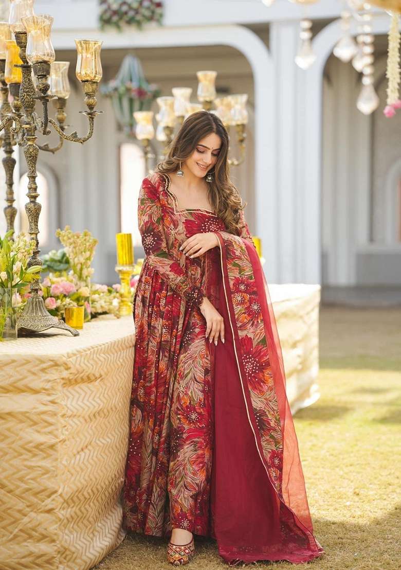 Multicolor Embroidered Georgette Anarkali Kurta With Dupatta - Indya
