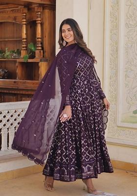 Wine Embroidered Georgette Anarkali Set