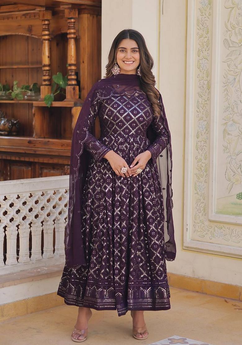 Wine Embroidered Georgette Anarkali Set