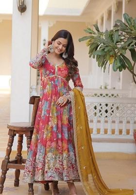 Pink Embroidered Georgette Anarkali Kurta With Dupatta