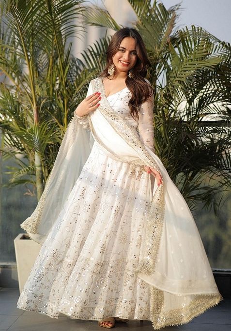 White Embroidered Georgette Anarkali Set