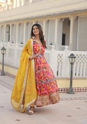 Pink Embroidered Georgette Anarkali Kurta With Dupatta