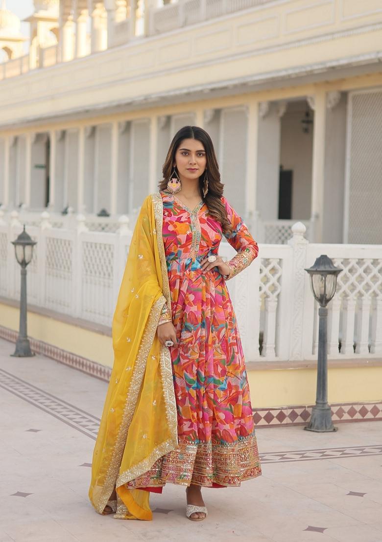 Pink Embroidered Georgette Anarkali Kurta With Dupatta