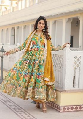 Green Embroidered Georgette Anarkali Kurta With Dupatta