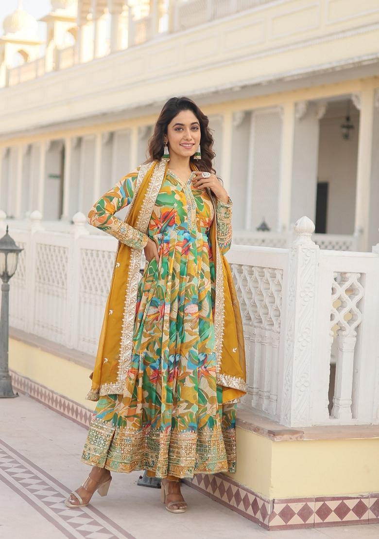 Green Embroidered Georgette Anarkali Kurta With Dupatta