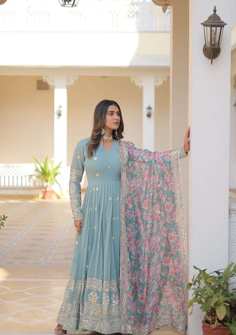 Sky Blue Embroidered Georgette Anarkali Set - Indya