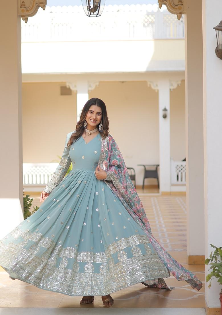 Sky Blue Embroidered Georgette Anarkali Kurta With Dupatta