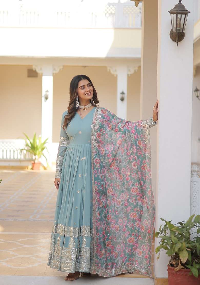 Sky Blue Embroidered Georgette Anarkali Set - Indya