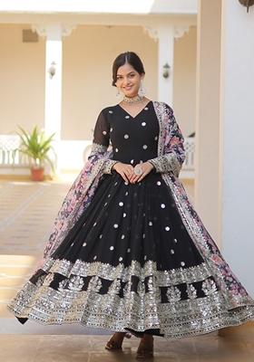 Black Embroidered Georgette Anarkali Kurta With Dupatta