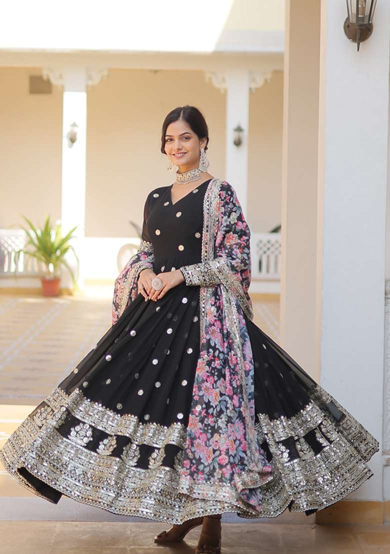 Black Embroidered Georgette Anarkali Set - Indya