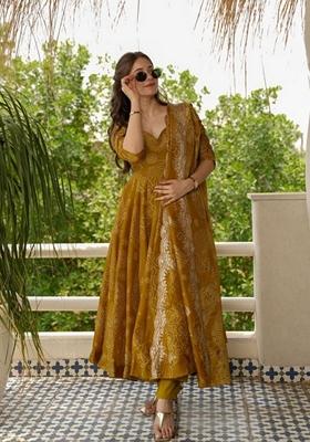 Mustard Embroidered Georgette Anarkali Set