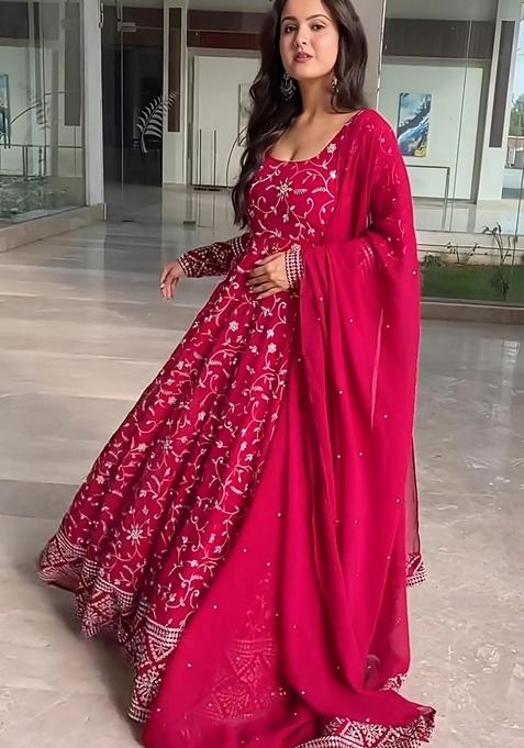 Pink Embroidered Georgette Anarkali With Dupatta