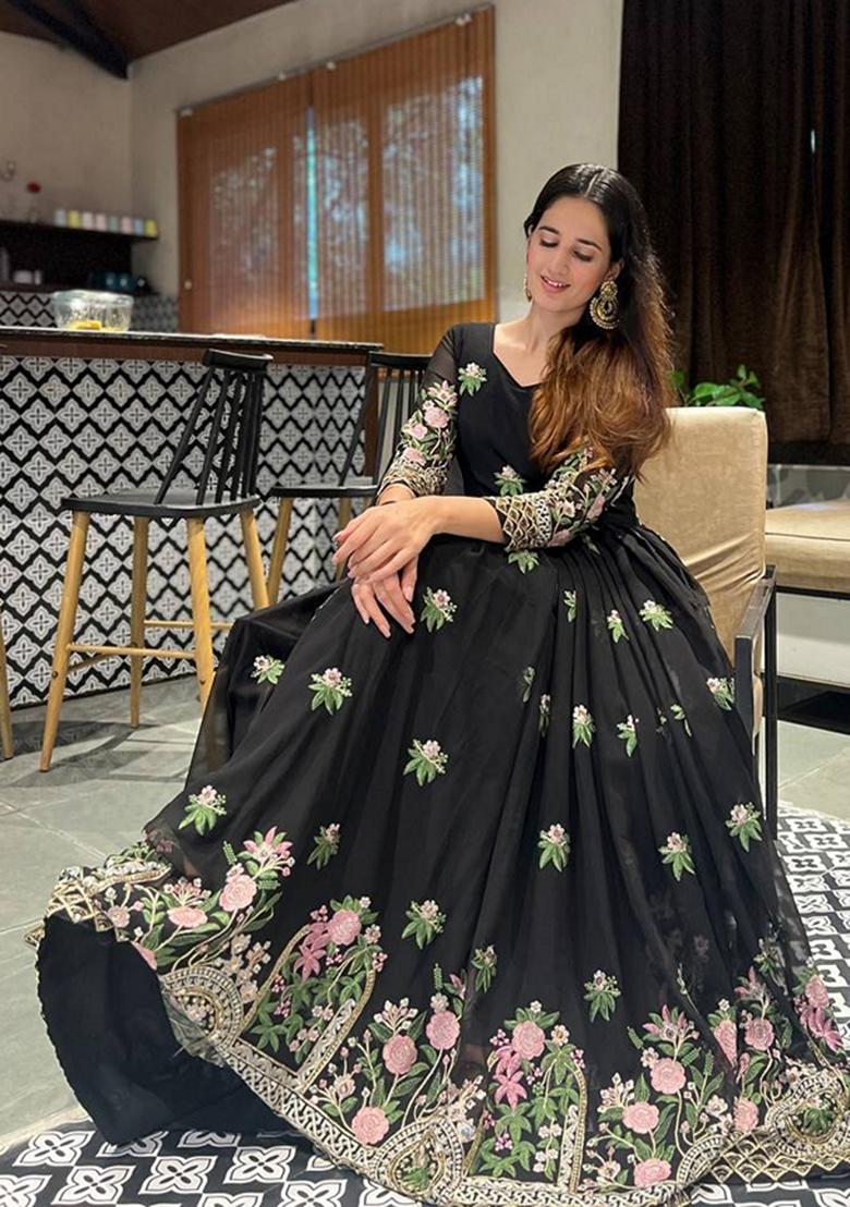 Black Embroidered Georgette Anarkali Set