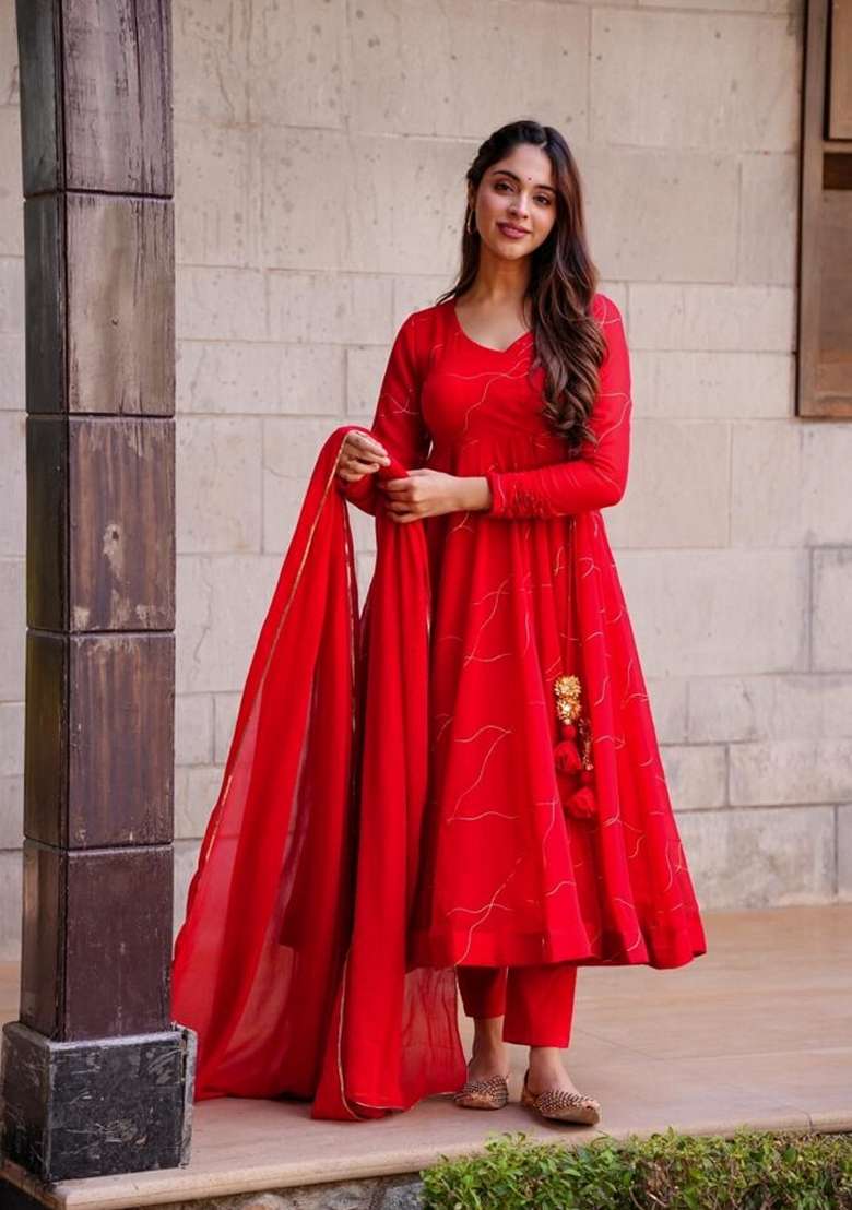 Red Embroidered Georgette Anarkali Set - Indya