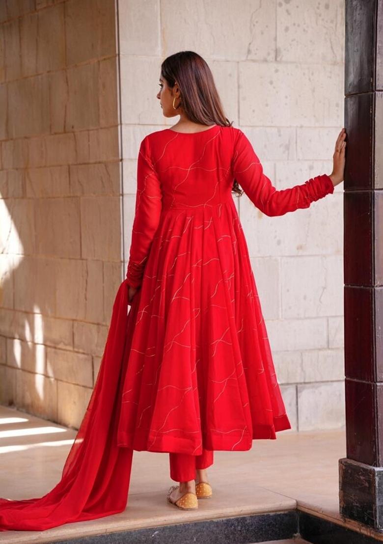 Red Embroidered Georgette Anarkali Set