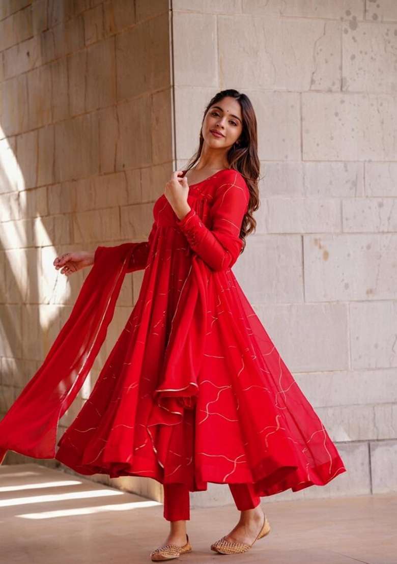 Red Embroidered Georgette Anarkali Set - Indya