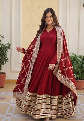 Maroon Embroidered Georgette Anarkali Set