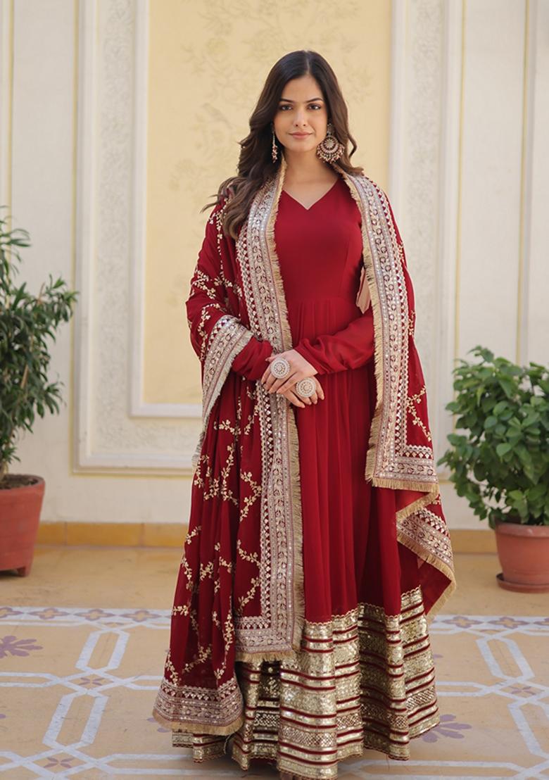 Maroon Embroidered Georgette Anarkali Set