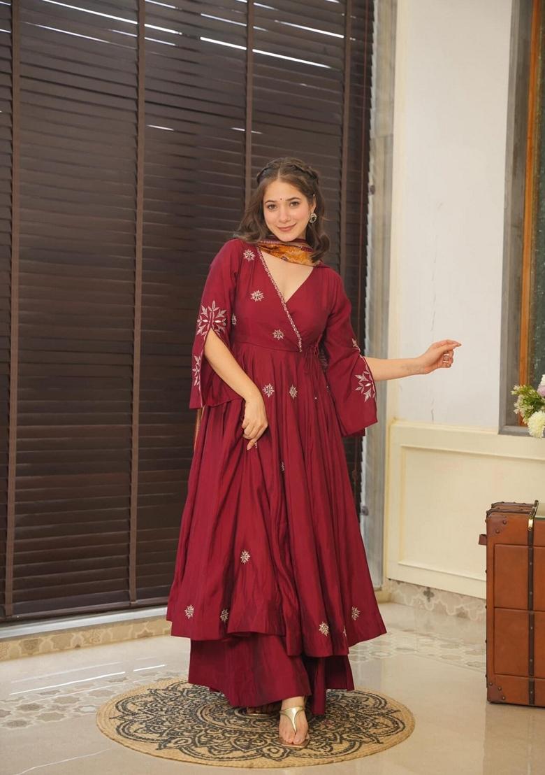 Maroon Embroidered Georgette Anarkali Set