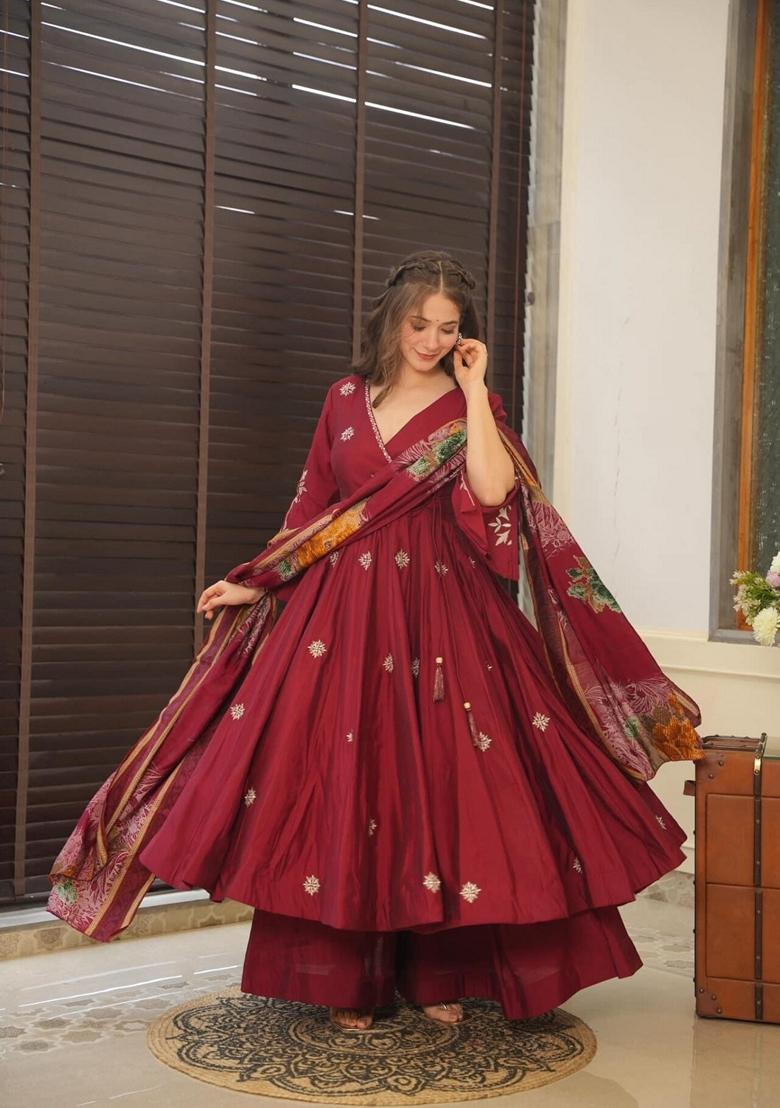 Maroon Embroidered Georgette Anarkali Set