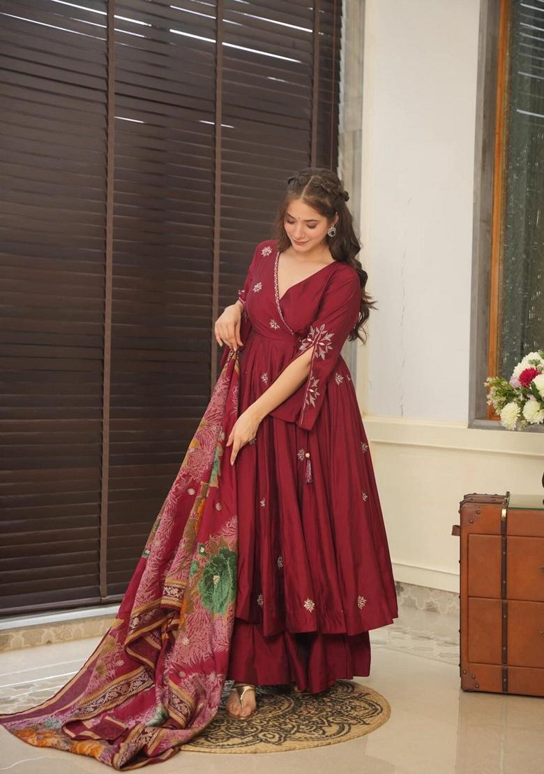 Maroon Embroidered Georgette Anarkali Set