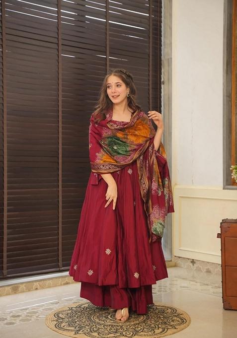 Maroon Embroidered Georgette Anarkali Set
