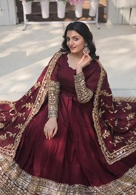 Maroon Embroidered Vichitra Anarkali With Dupatta