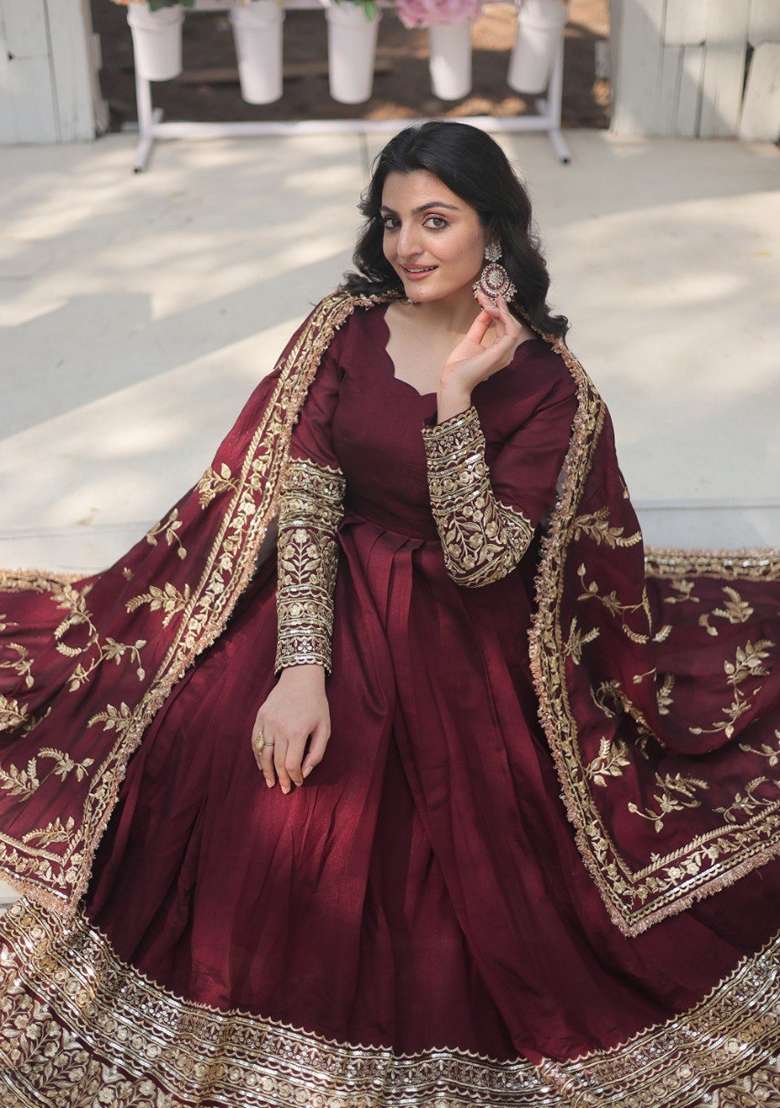 Maroon Embroidered Vichitra Anarkali With Dupatta - Indya