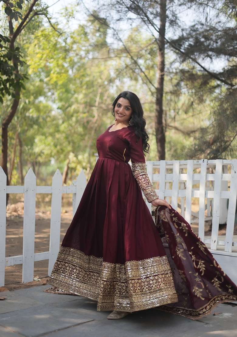 Maroon Embroidered Vichitra Anarkali With Dupatta - Indya
