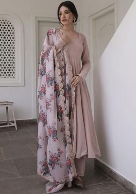 Brown Embroidered Poly Blend Dress Material