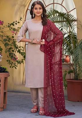 Brown Embroidered Poly Blend Dress Material