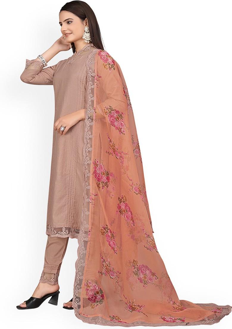 Brown Embroidered Poly Blend Dress Material