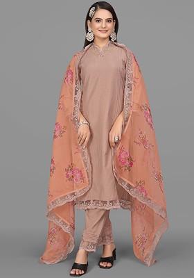 Brown Embroidered Poly Blend Dress Material