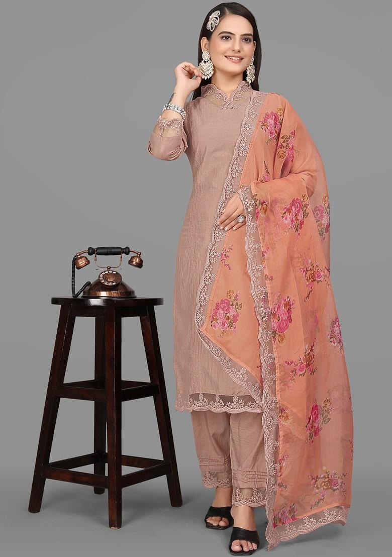 Brown Embroidered Poly Blend Dress Material