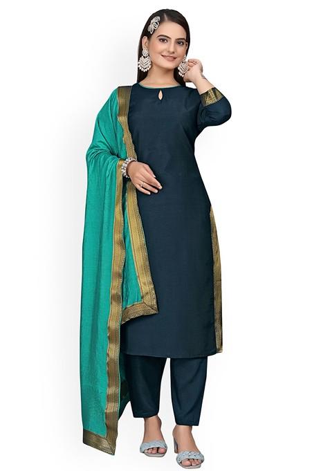 Blue Embroidered Poly Blend Dress Material