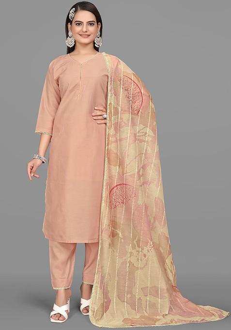 Pink Embroidered Poly Blend Dress Material