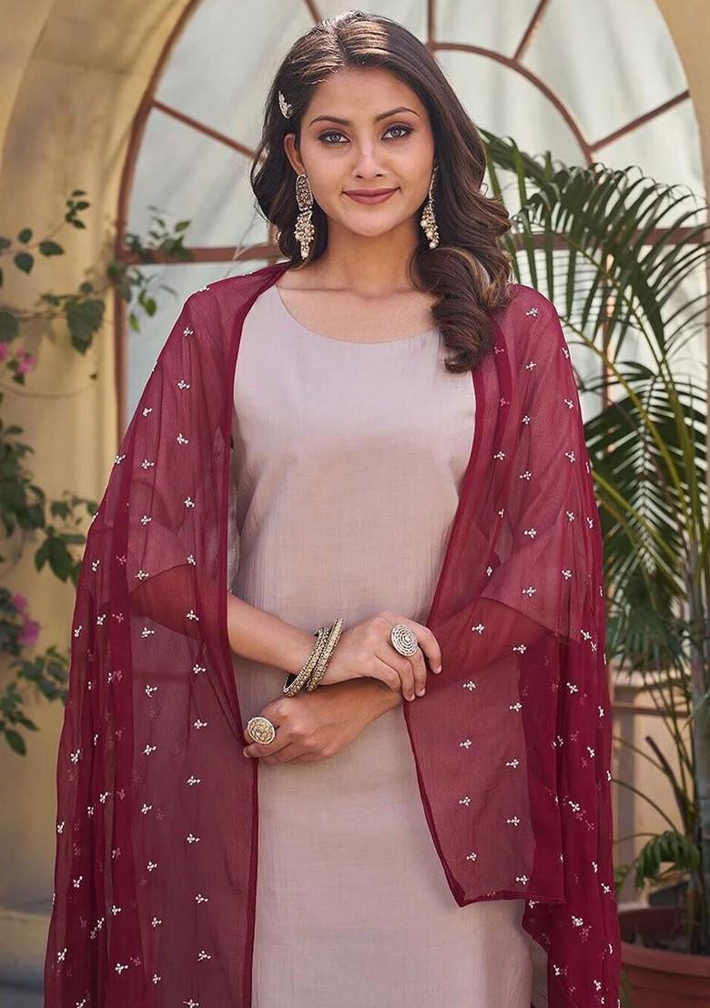 Pink Embroidered Poly Blend Dress Material