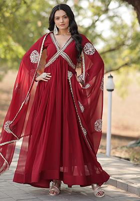 Maroon Zari Sequin Embroidered Faux Georgette Kurta Set