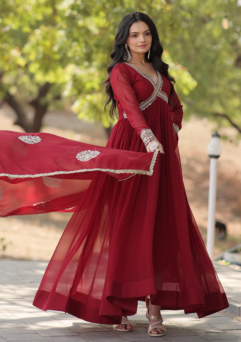 Maroon Zari Sequin Embroidered Faux Georgette Kurta Set