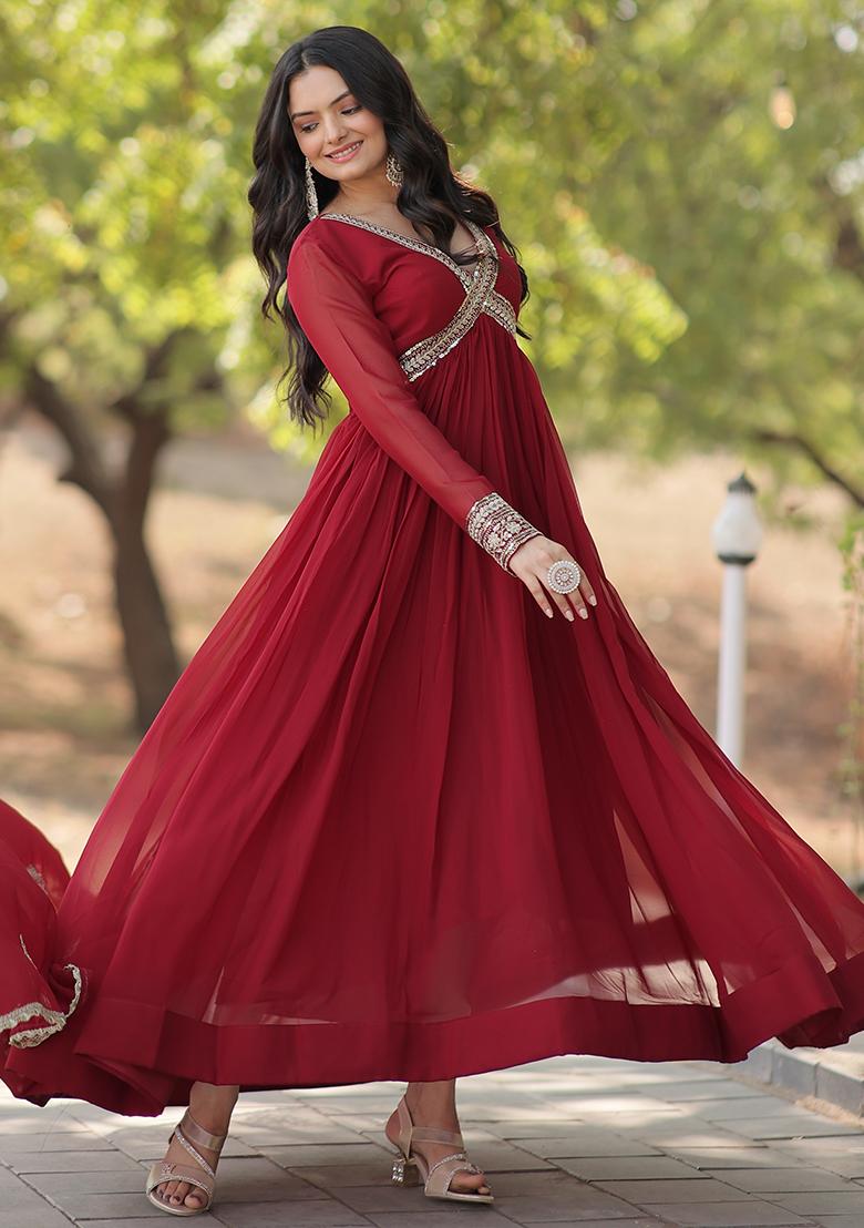 Maroon Zari Sequin Embroidered Faux Georgette Kurta Set