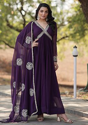 Purple Zari Sequin Embroidered Faux Georgette Kurta Set