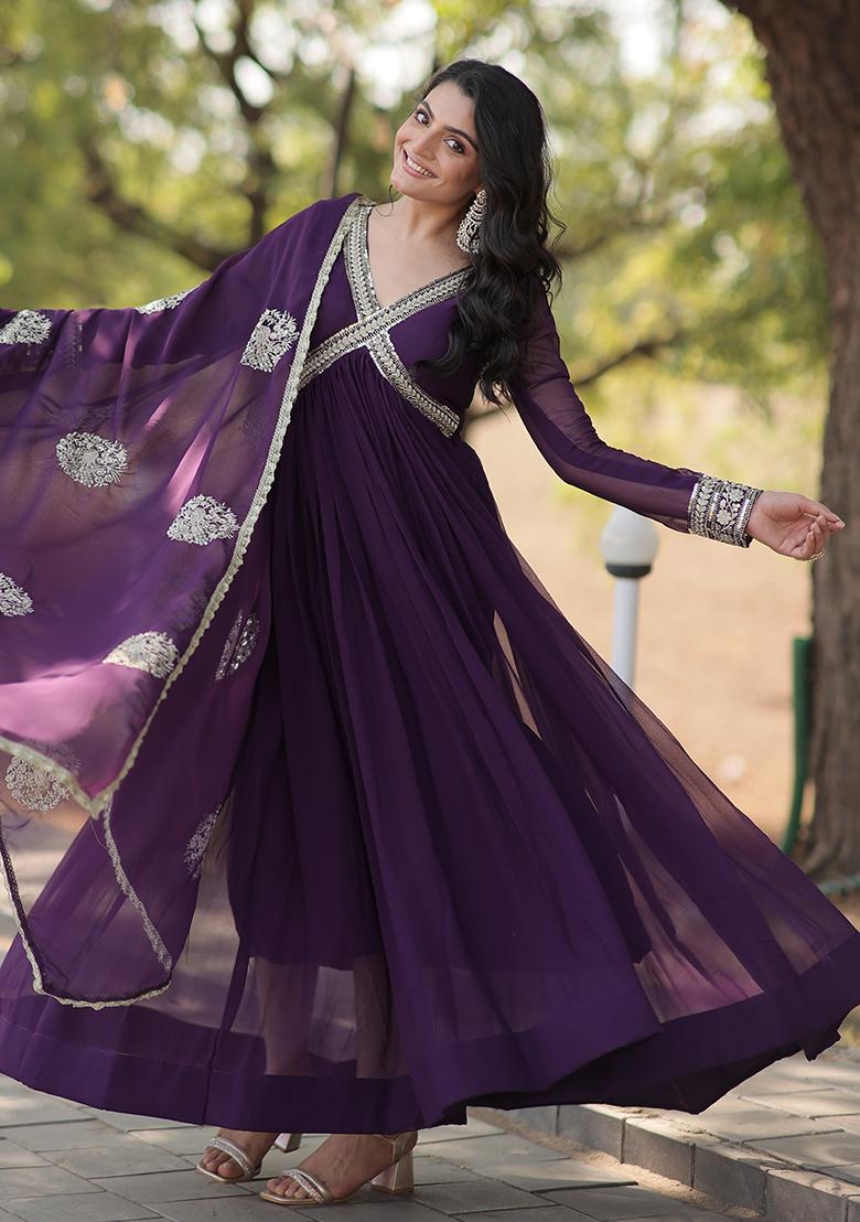 Purple Zari Sequin Embroidered Faux Georgette Kurta Set