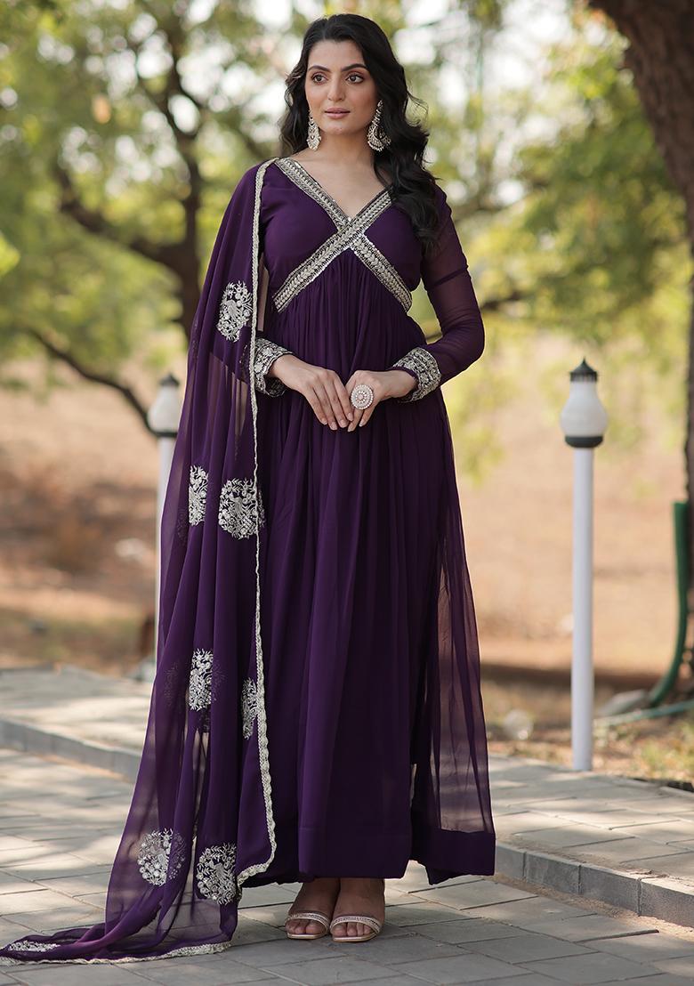 Purple Zari Sequin Embroidered Faux Georgette Kurta Set