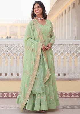 Pista Green Zari Sequin Embroidered Faux Georgette Kurta Set
