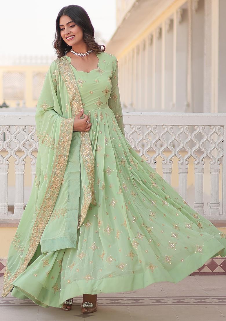 Pista Green Zari Sequin Embroidered Faux Georgette Kurta Set